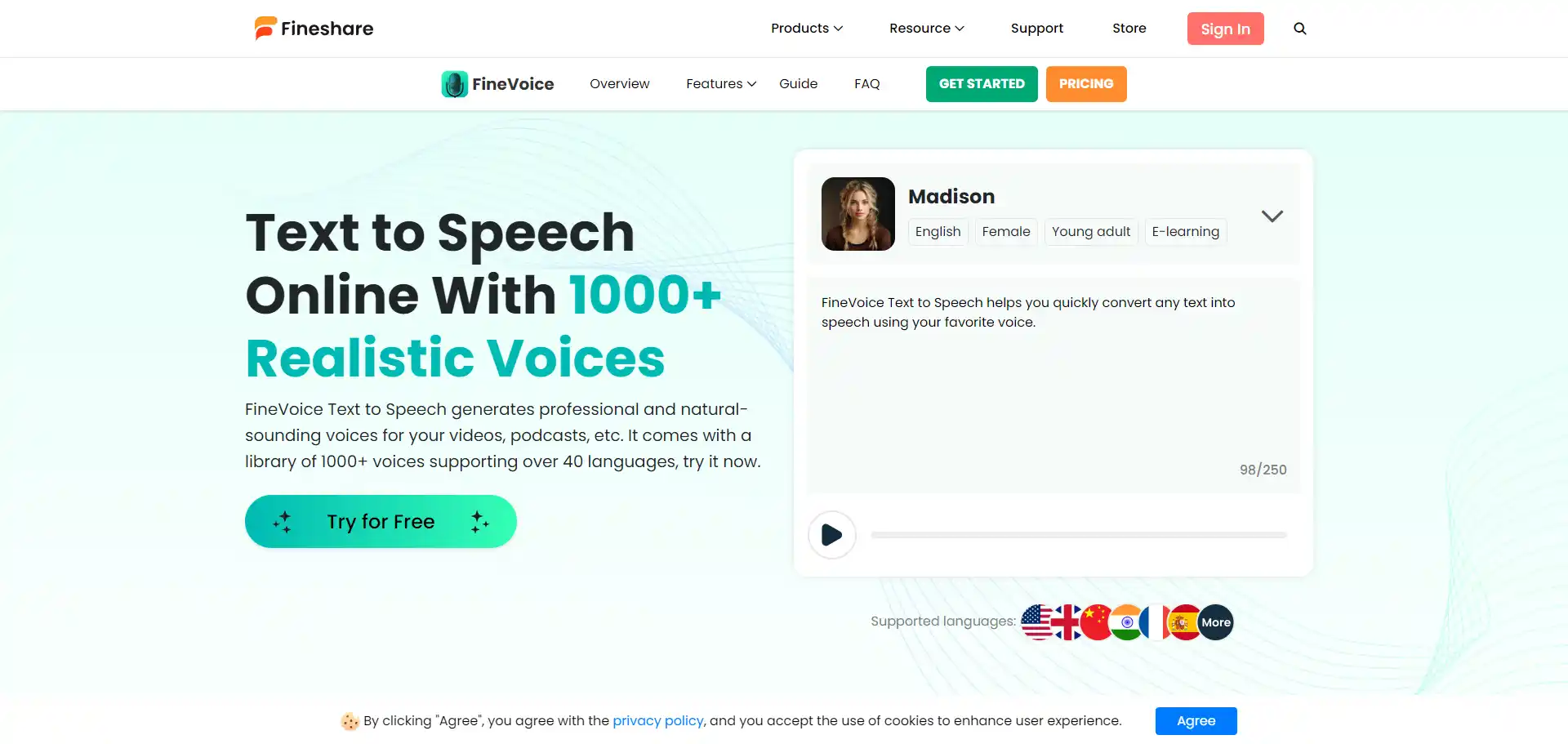 FineVoice Text to Speech AI tool on ai-hunter.io the largest artificial intelligence directory FineVoice Text to Speech AI tool